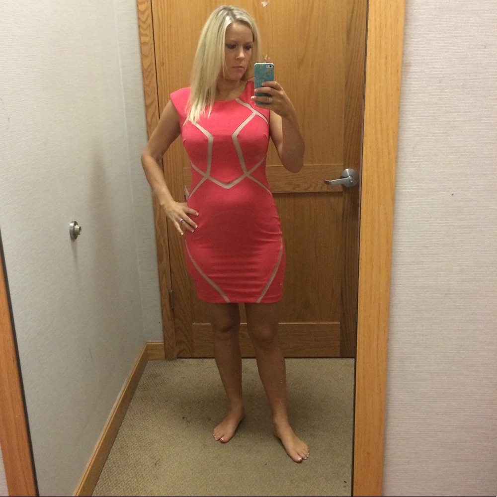 Salmon color dress with see through mesh.